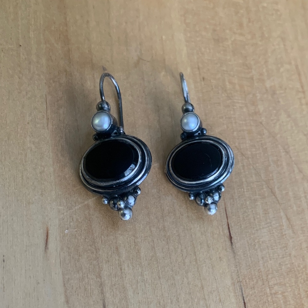 Onyx and Pearl and Silver Drop Earrings